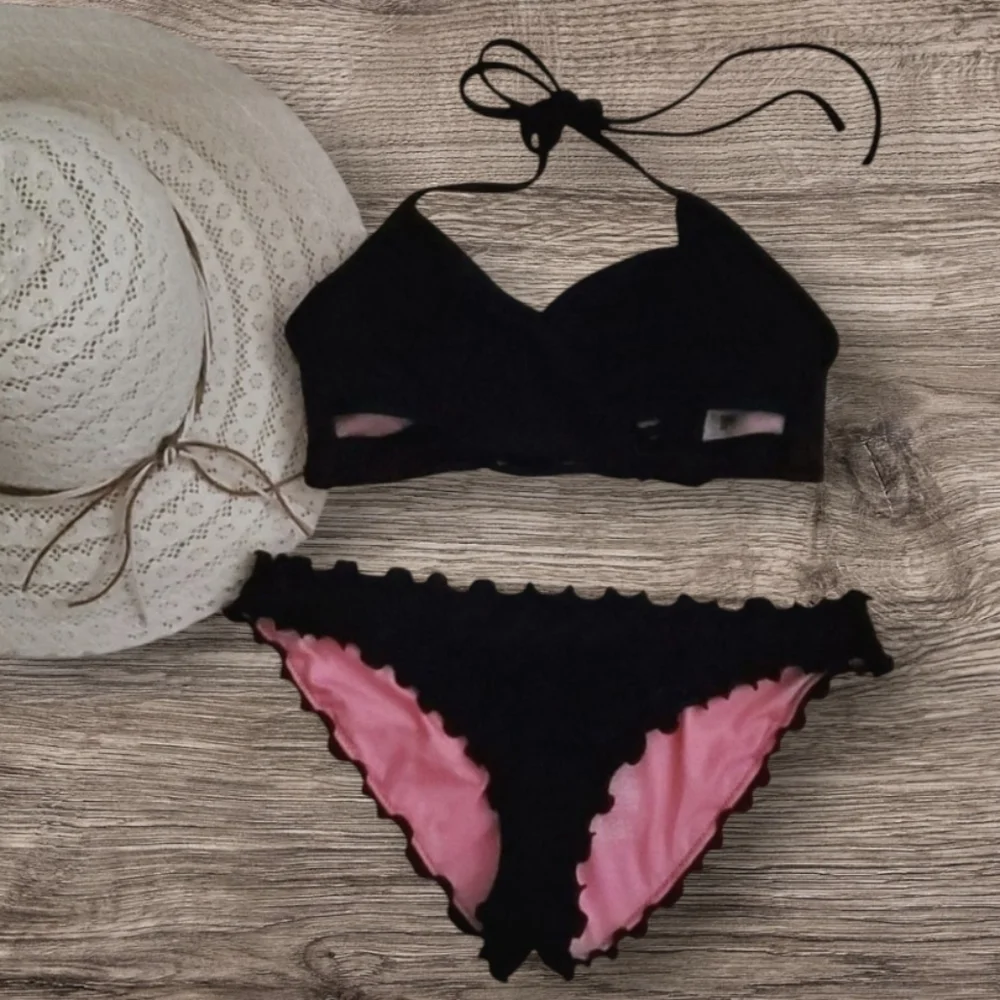PINK VICTORIA'S SECRET Swimwear Bikini Top Ruffle Hem Bottom Swimsuit Set - Picture 1 of 12